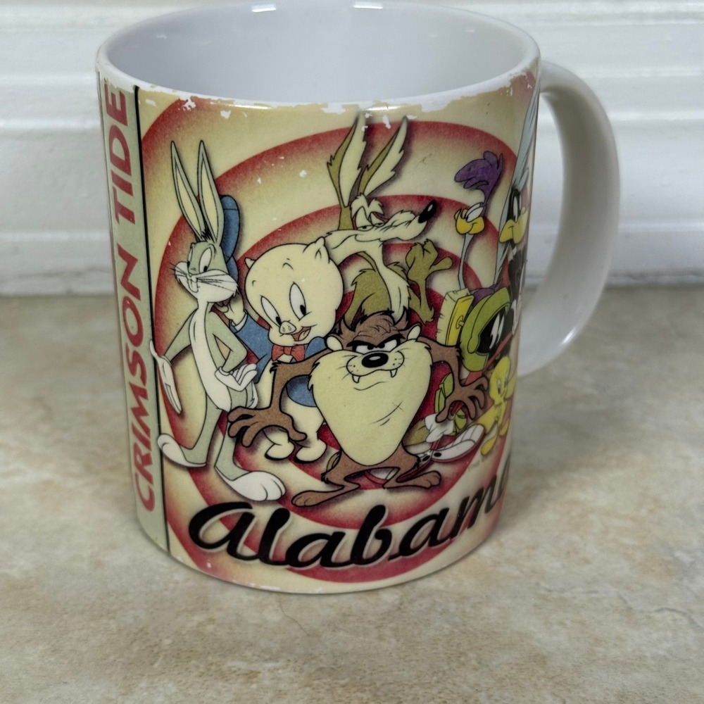 Looney Tunes Alabama Crimson Tide Mug White 1997 Vintage Xpres Taz Bugs Bunny